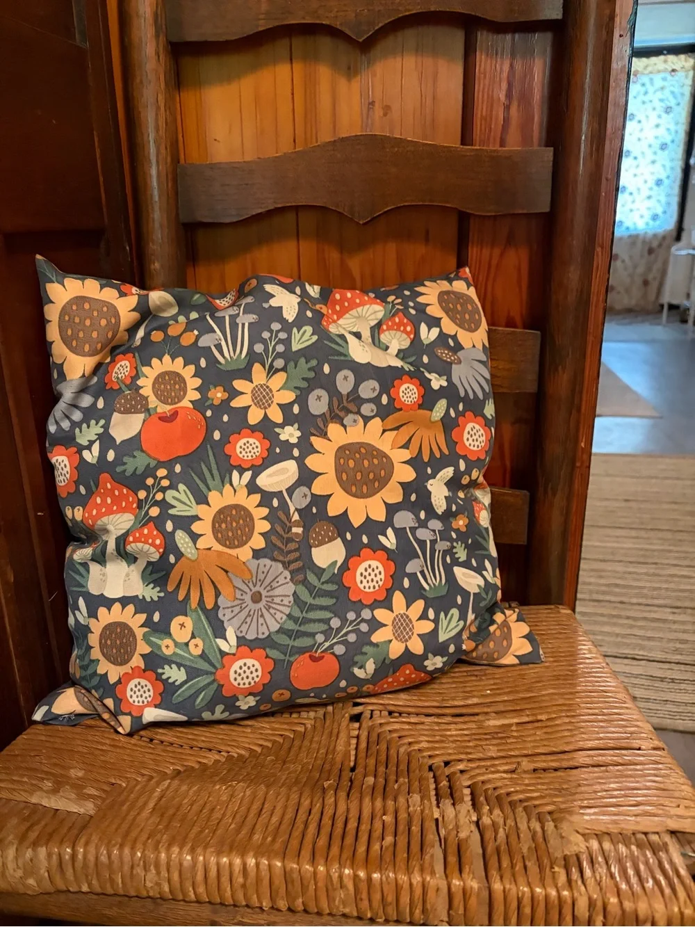 Decorative Gnome & Mushroom Throw Pillow - Navy Blue